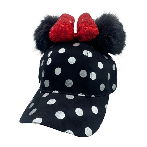 Disney Parks Minnie Pom Pom Silver Polka Dot Sequin Bow Black Baseball Hat - Picture 1 of 5